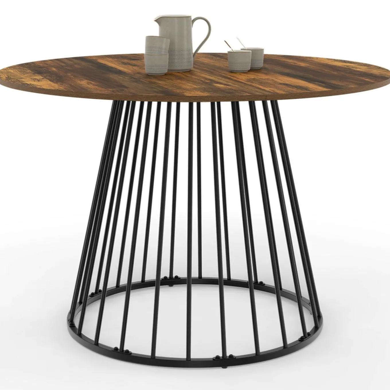 IDMarket Table ronde à manger 110cm 6 personnes plateau bois foncé et pied filaire métal noir* Salle À Manger Complète|Tables Et Chaises