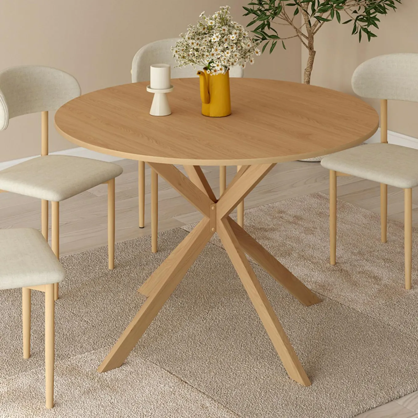 IDMarket Table ronde 6 personnes bois effet hêtre 6 personnes 110 cm pied araignée* Collection Moderne|Tables Et Chaises