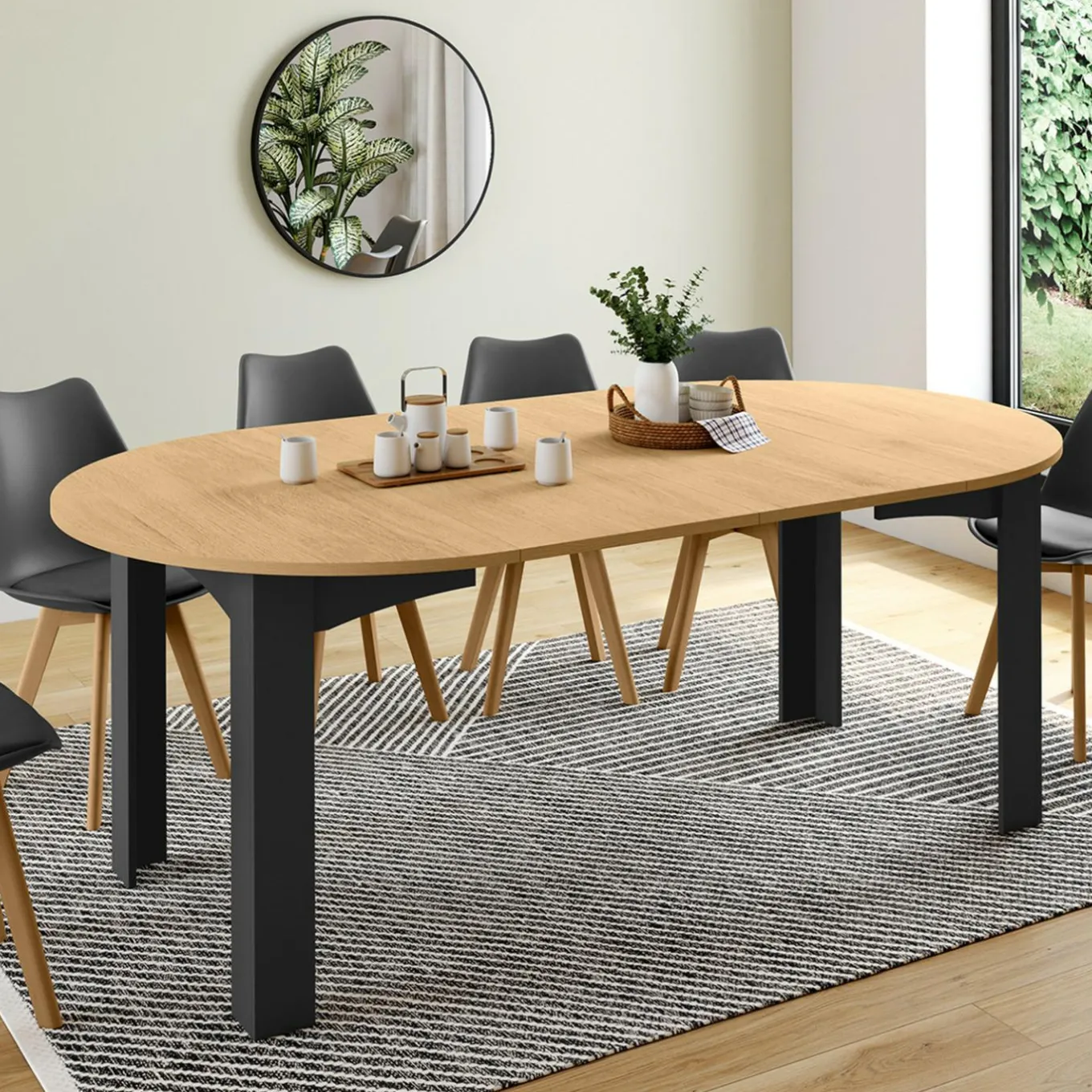 IDMarket Table ronde extensible 110-200 cm 4-10 personnes plateau façon hêtre pieds noirs* Meubles En Bois|Collection Contemporaine