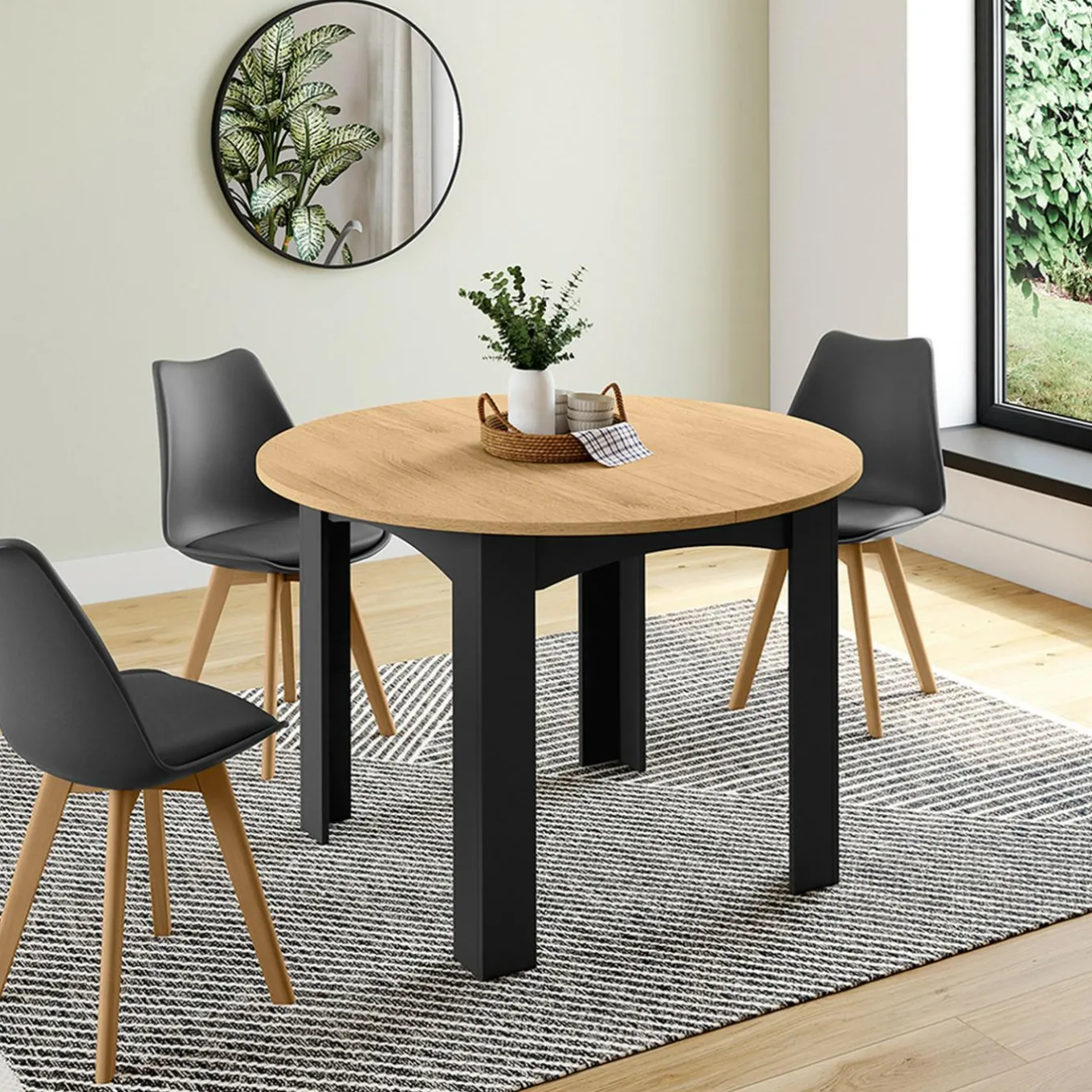 IDMarket Table ronde extensible 110-200 cm 4-10 personnes plateau façon hêtre pieds noirs* Meubles En Bois|Collection Contemporaine