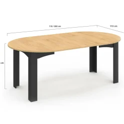 IDMarket Table ronde extensible 110-200 cm 4-10 personnes plateau façon hêtre pieds noirs* Meubles En Bois|Collection Contemporaine