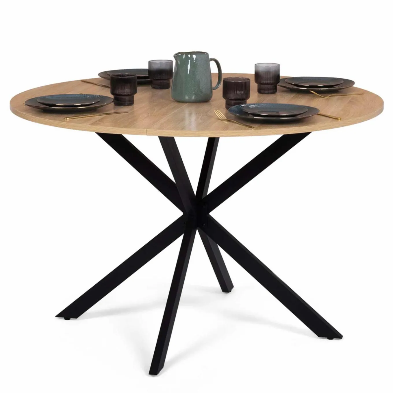 IDMarket Table ronde noir et bois 4-6 personnes 110cm pied araignée* Collection Industrielle|Salle À Manger Complète