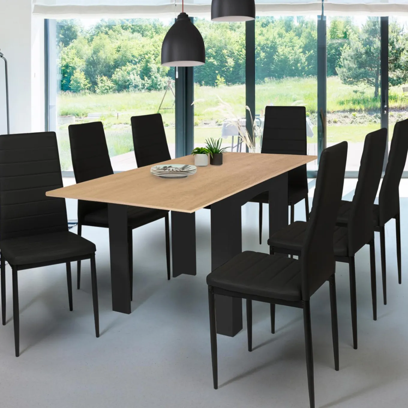 IDMarket Table salle à manger extensible noire plateau façon hêtre* Collection Design|Collection Contemporaine