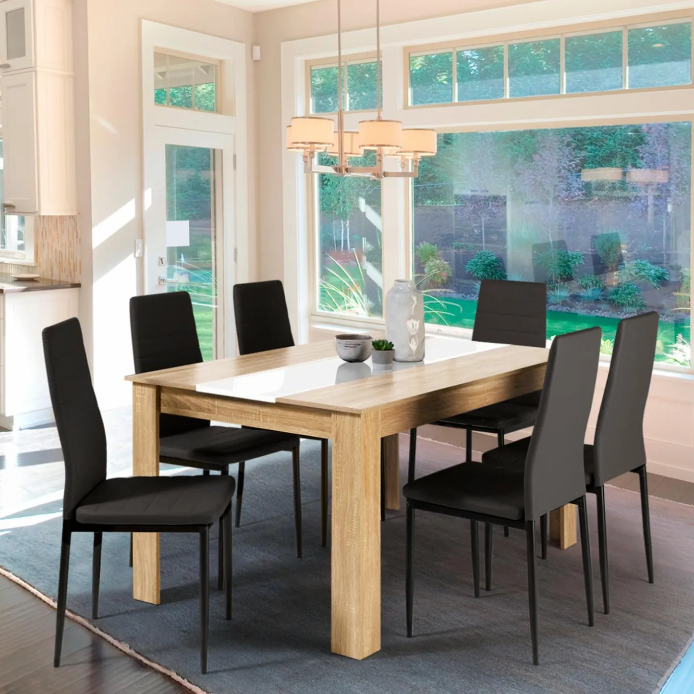 IDMarket Table salle à manger moderne imitation hêtre et blanc* Collection Contemporaine|Salle À Manger Complète