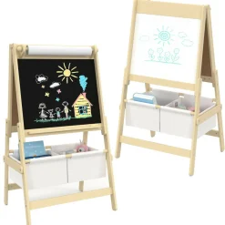 IDMarket Tableau enfant 3 en 1 chevalet double face avec rouleau de papier et 2 paniers de rangement*Enfant Meubles Rangement Jouet|Meubles Enfant