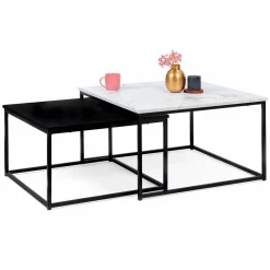 IDMarket Tables basses gigognes effet marbre blanc et pieds en métal noir* Collection Design|Collection Moderne