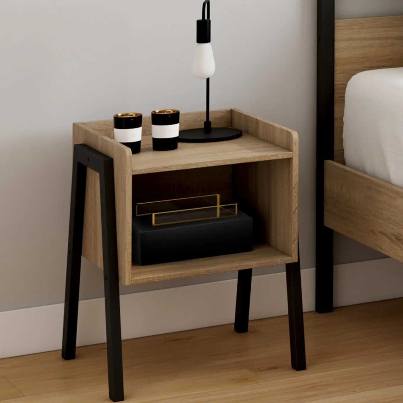 IDMarket Tables de chevet 1 niche bois et pieds métal noir - lot de 2* Tables De Chevet|Collection Industrielle