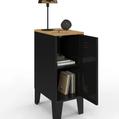 IDMarket Tables de chevet industrielles plateau bois façon hêtre avec porte métal noir* Tables De Chevet|Collection Industrielle