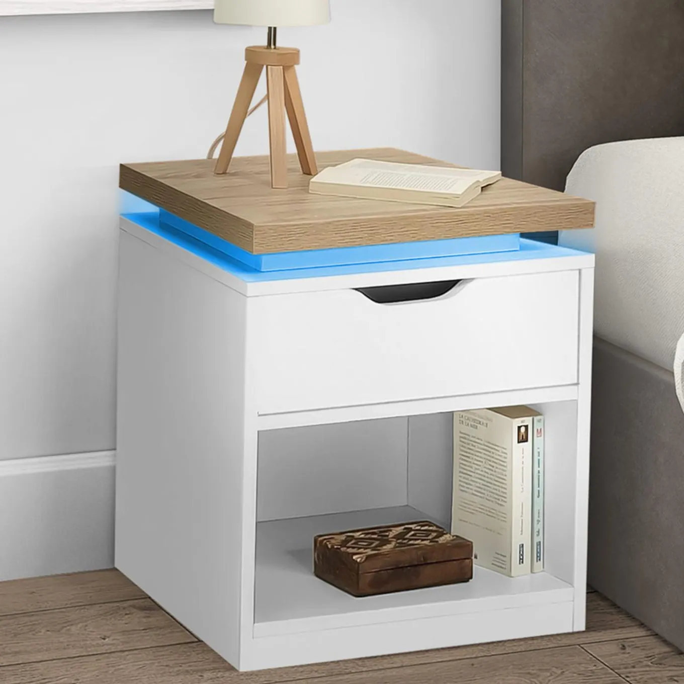 IDMarket Tables de chevet LED avec tiroir blanc et plateau effet bois* Meubles Tiroirs|Collection Design