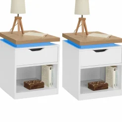 IDMarket Tables de chevet LED avec tiroir blanc et plateau effet bois* Meubles Tiroirs|Collection Design