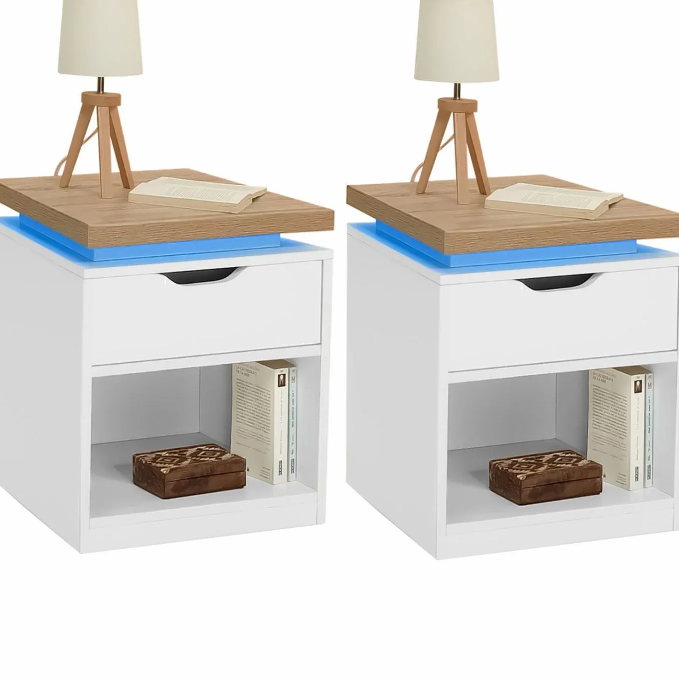 IDMarket Tables de chevet LED avec tiroir blanc et plateau effet bois* Meubles Tiroirs|Collection Design