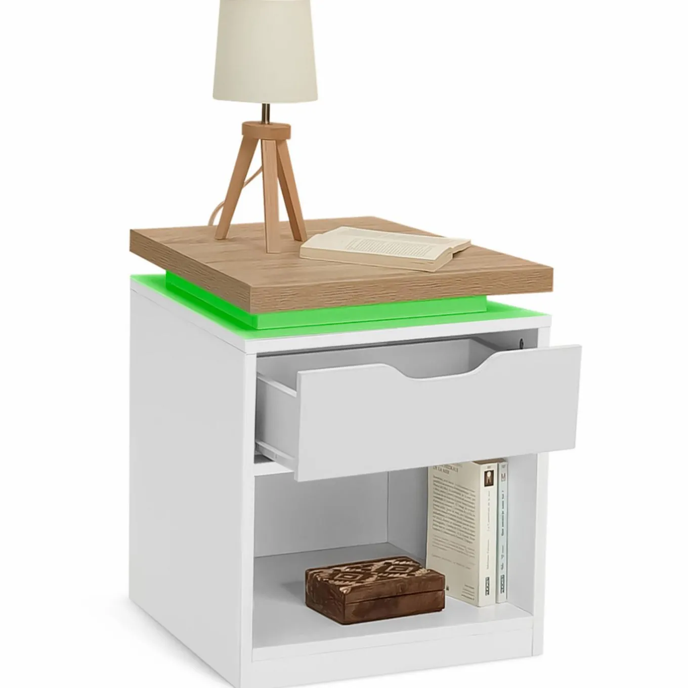 IDMarket Tables de chevet LED avec tiroir blanc et plateau effet bois* Meubles Tiroirs|Collection Design