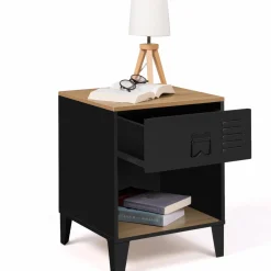 IDMarket Tables de chevet noires bois façon hêtre et métal style industriel* Chambre Complète Adulte|Tables De Chevet