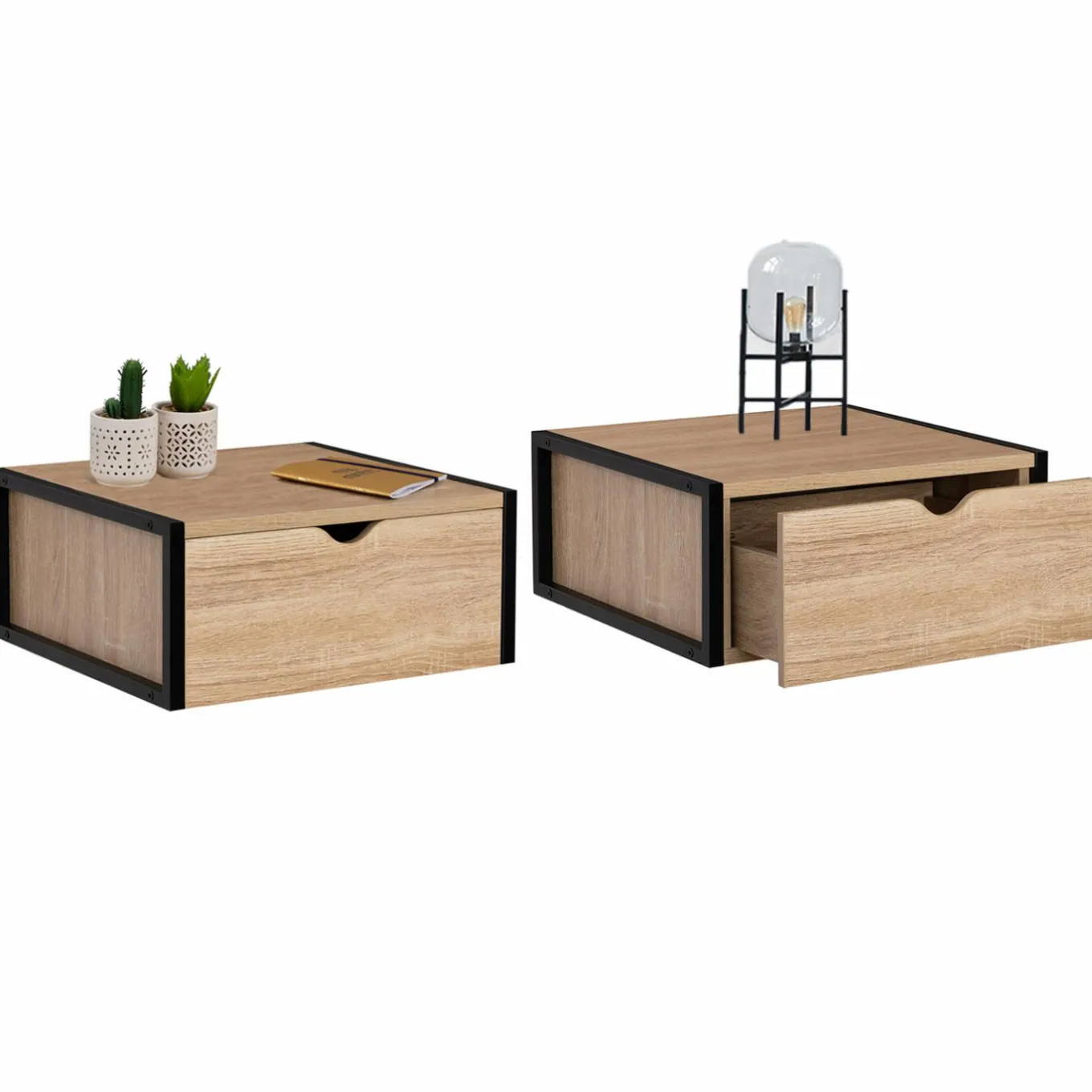 IDMarket Tables de chevet suspendues bois et métal style industriel* Meubles Bas|Meubles En Bois