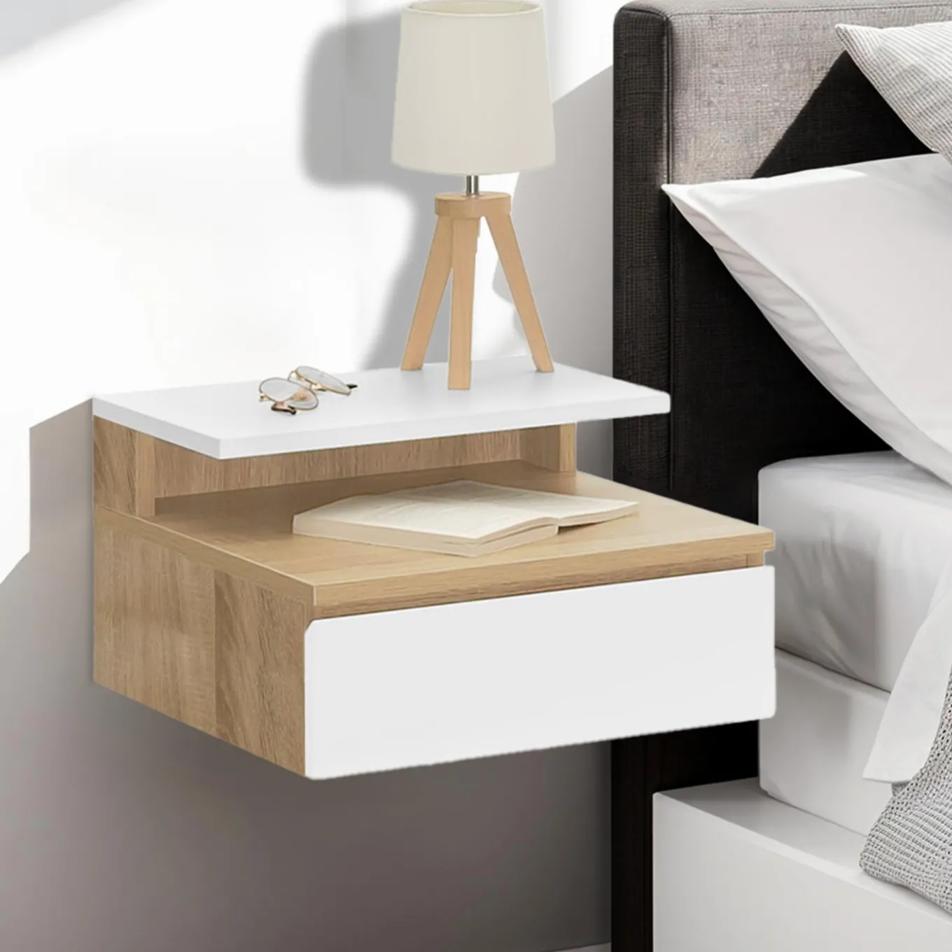 IDMarket Tables de chevet suspendues bois façon hêtre et blanches* Meubles Tiroirs|Collection Design