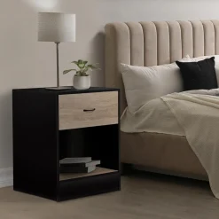 IDMarket Tables de nuit en bois noir et façon hêtre avec tiroir* Meubles Tiroirs|Meubles Bas