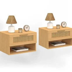 IDMarket Tables de nuit murales cannage et bois* Collection Cannage|Chambre Complète Adulte