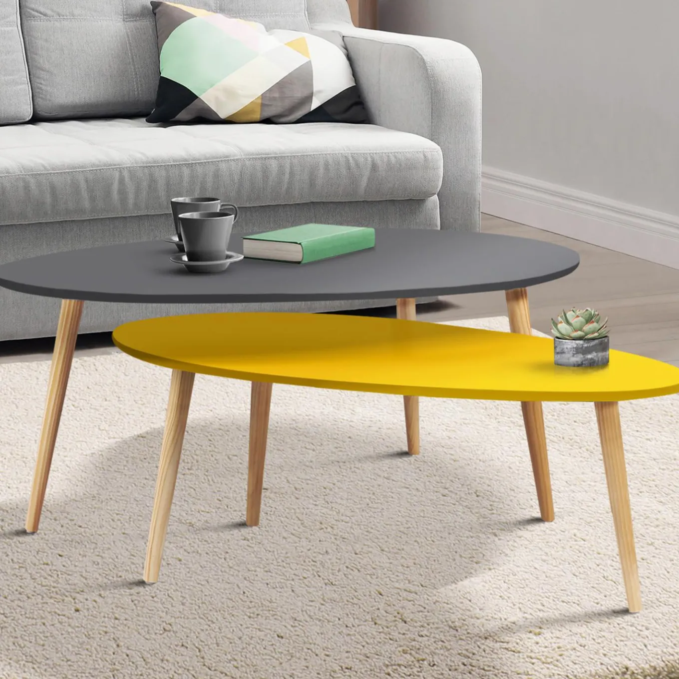 IDMarket Tables de salon gigognes laquées jaune et grise* Collection Scandinave|Tables Basses