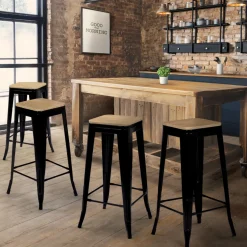 IDMarket Tabourets de bar bois et métal noir empilables x4* Collection Métal|Collection Industrielle