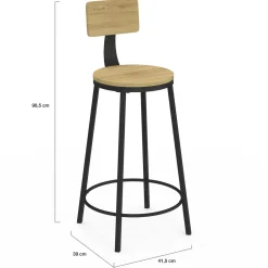 IDMarket Tabourets de bar industriel avec dossier bois et métal noir* Collection Industrielle|Tabourets De Bar