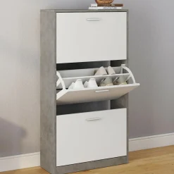 IDMarket Étagère à chaussures grise 3 portes blanches* Collection Effet Béton|Petits Meubles