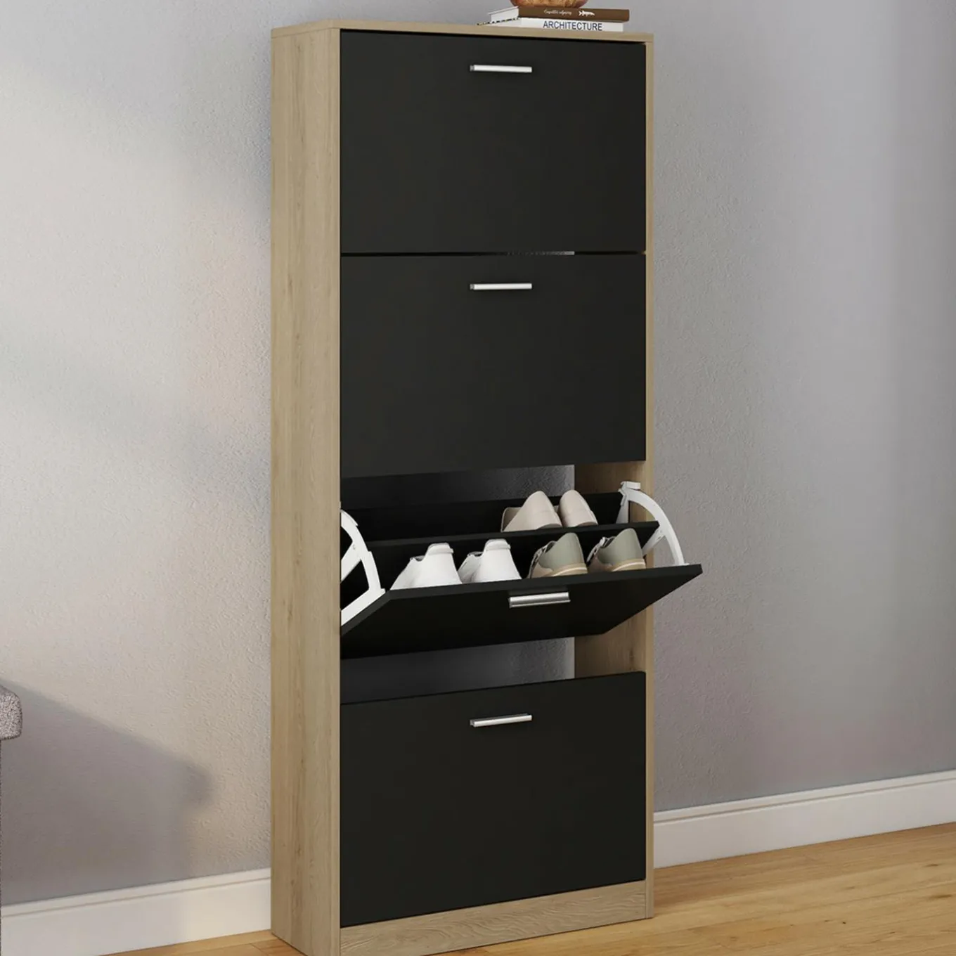 IDMarket Étagère à chaussures imitation hêtre avec 4 portes noires* Meubles À Chaussures