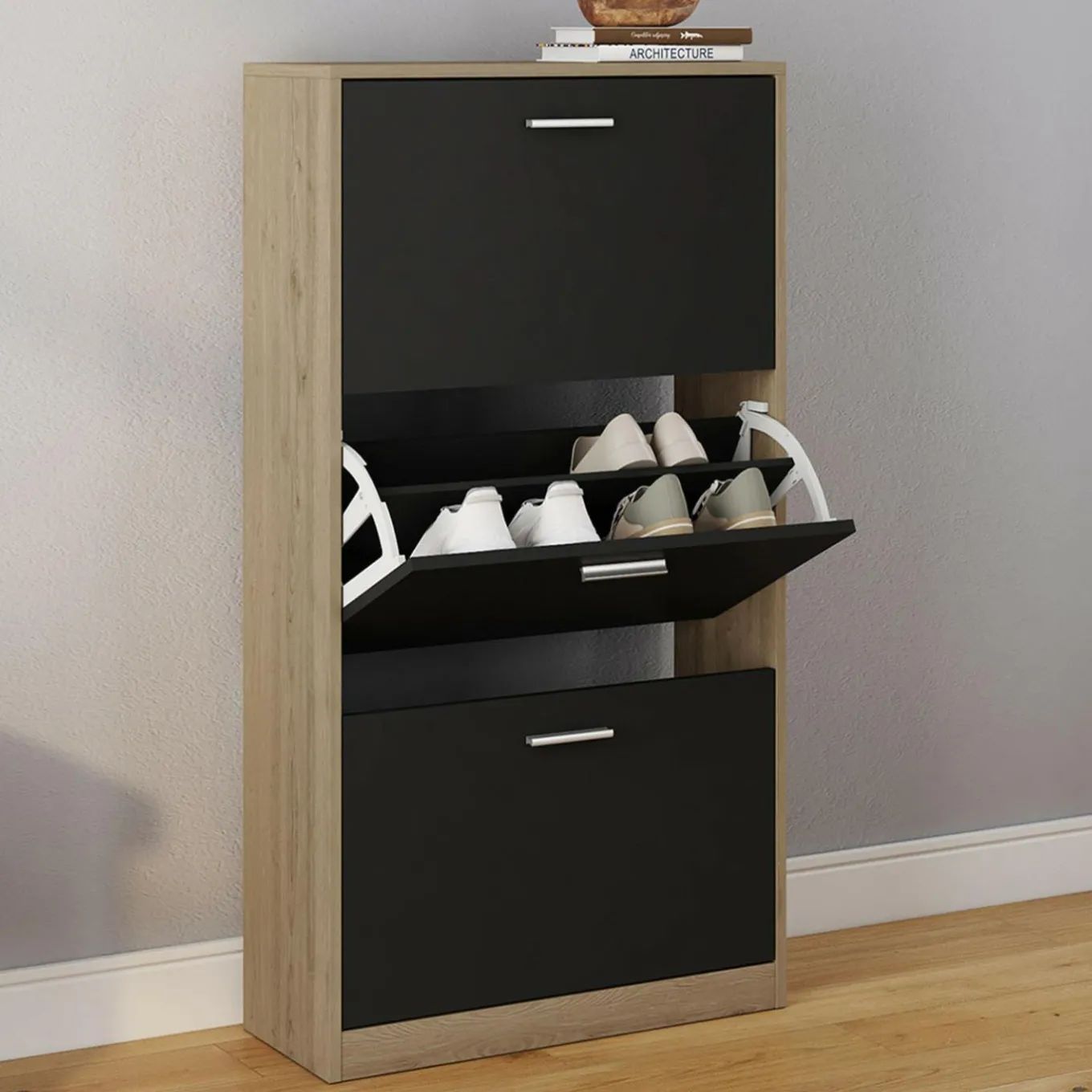 IDMarket Étagère à chaussures imitation hêtre et portes noires* Meubles Hauts|Petits Meubles