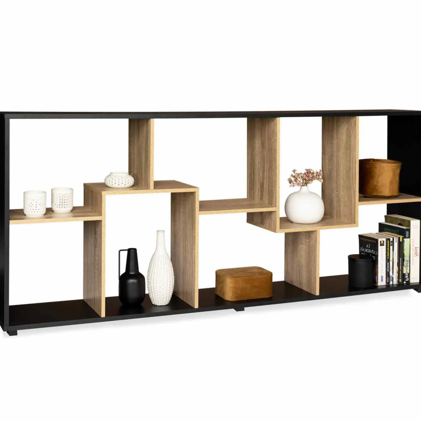 IDMarket Étagère 161 cm double position bois imitation hêtre et noir* Collection Agencement Magasin|Collection Télétravail