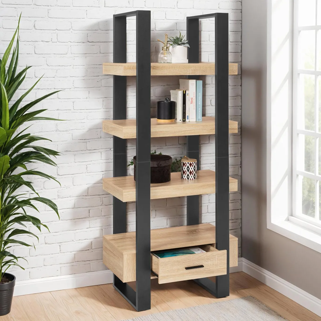 IDMarket Étagère 4 niveaux industrielle bois et noir avec tiroir* Meubles Tiroirs|Collection Contemporaine