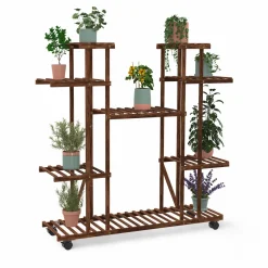 IDMarket Étagère à pots de fleurs en bois de sapin 8 niveaux et roulettes* Décoration Et Accessoires|Plantes Artificielles