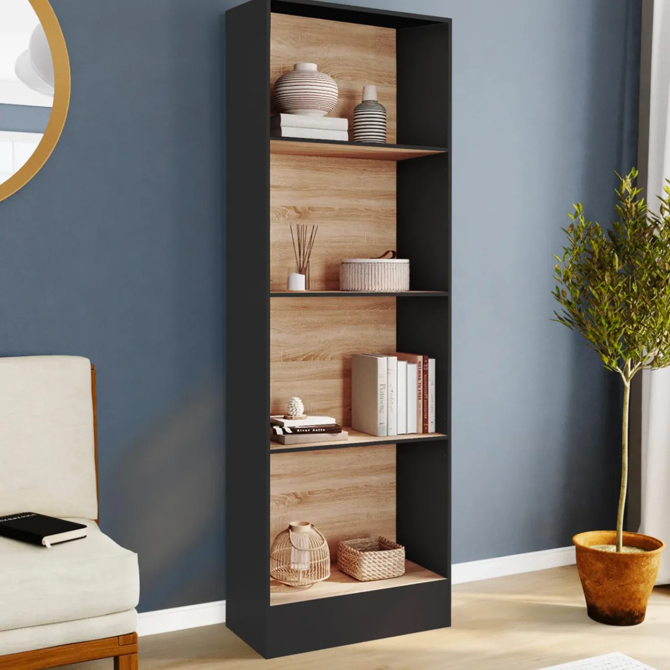 IDMarket Étagère bibliothèque 5 niveaux noir et effet bois H.190cm* Etagères|Bibliothèques