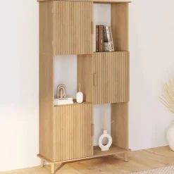 IDMarket Étagère bibliothèque bois coloris chêne lattes tasseau avec 6 compartiments* Meubles En Bois|Collection Contemporaine