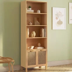 IDMarket Étagère bibliothèque cannage et bois 4 niveaux avec placard* Collection Cannage|Etagères