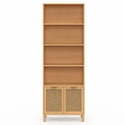 IDMarket Étagère bibliothèque cannage et bois 4 niveaux avec placard* Collection Cannage|Etagères