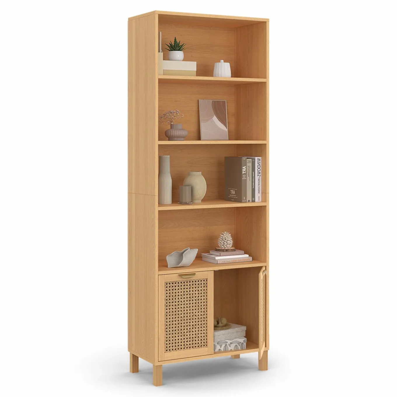 IDMarket Étagère bibliothèque cannage et bois 4 niveaux avec placard* Collection Cannage|Etagères