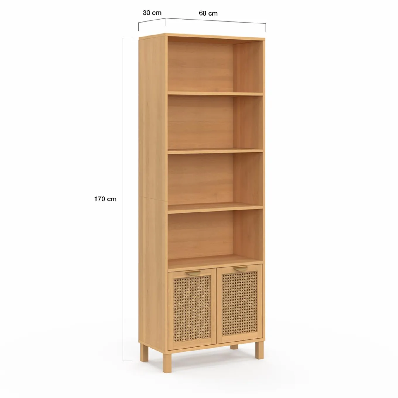 IDMarket Étagère bibliothèque cannage et bois 4 niveaux avec placard* Collection Cannage|Etagères