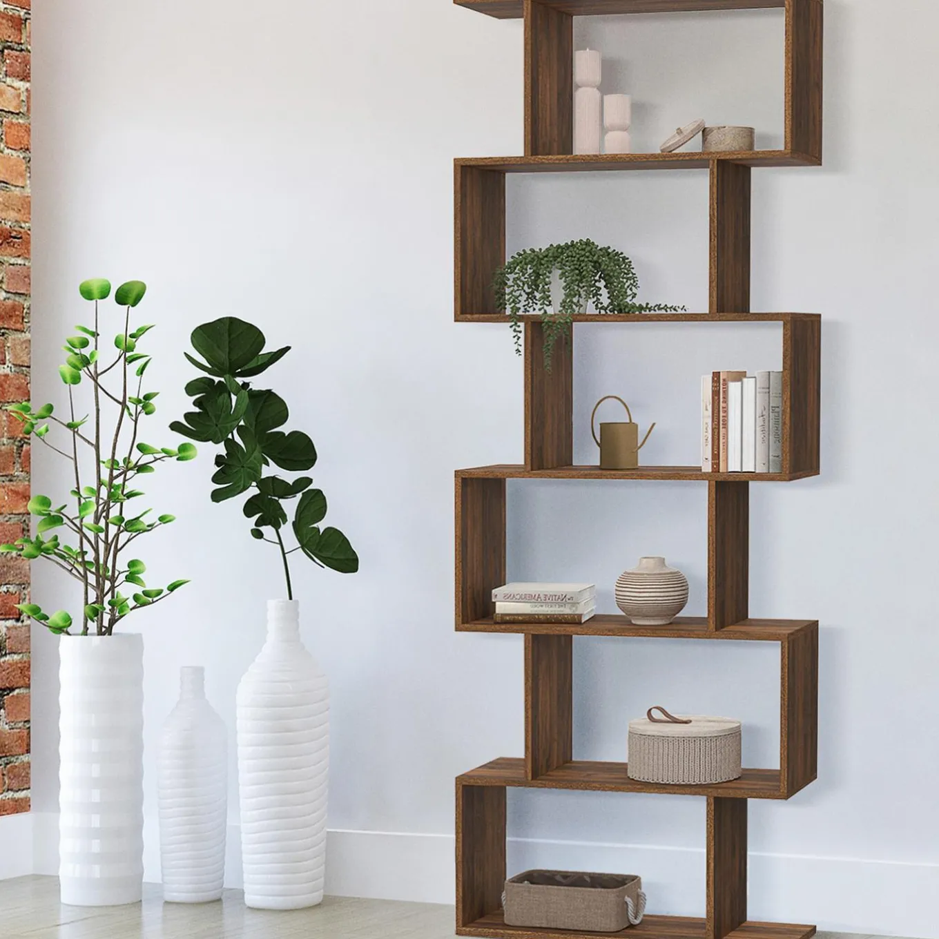 IDMarket Étagère bibliothèque en forme de S effet noyer 189 cm* Meubles Hauts|Meubles En Bois