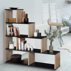 IDMarket Étagère bibliothèque forme escalier bois imitation hêtre et noir* Meubles Hauts|Meubles En Bois
