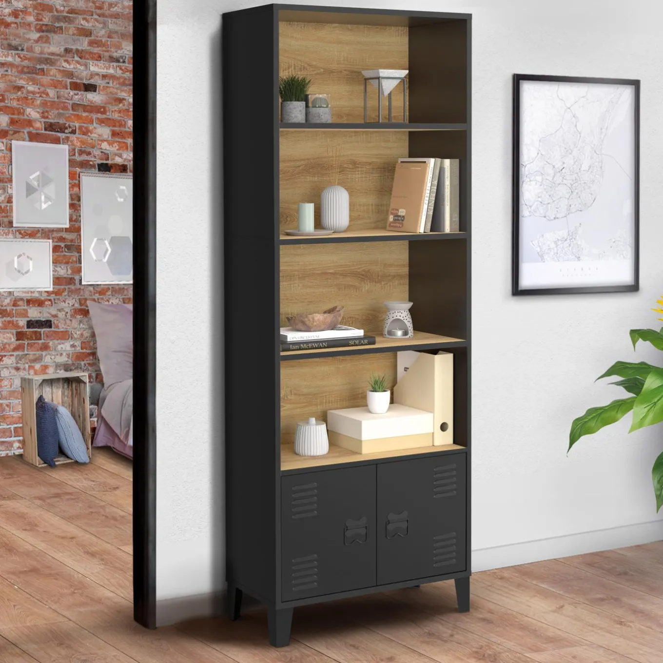 IDMarket Étagère bibliothèque industrielle bois et noir 4 niveaux avec placard portes métalliques* Etagères|Salon Complet