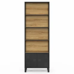 IDMarket Étagère bibliothèque industrielle bois et noir 4 niveaux avec placard portes métalliques* Etagères|Salon Complet