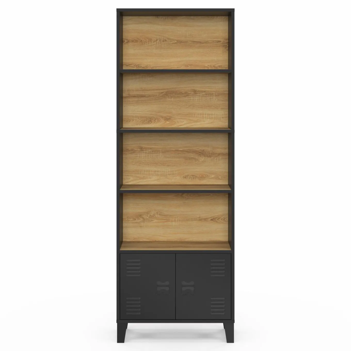 IDMarket Étagère bibliothèque industrielle bois et noir 4 niveaux avec placard portes métalliques* Etagères|Salon Complet