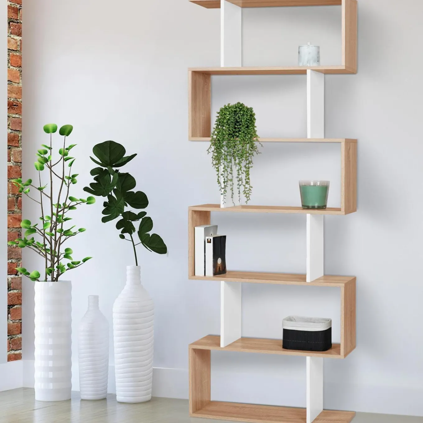 IDMarket Étagère blanc et bois en S 6 niveaux* Meubles Blancs|Meubles En Bois