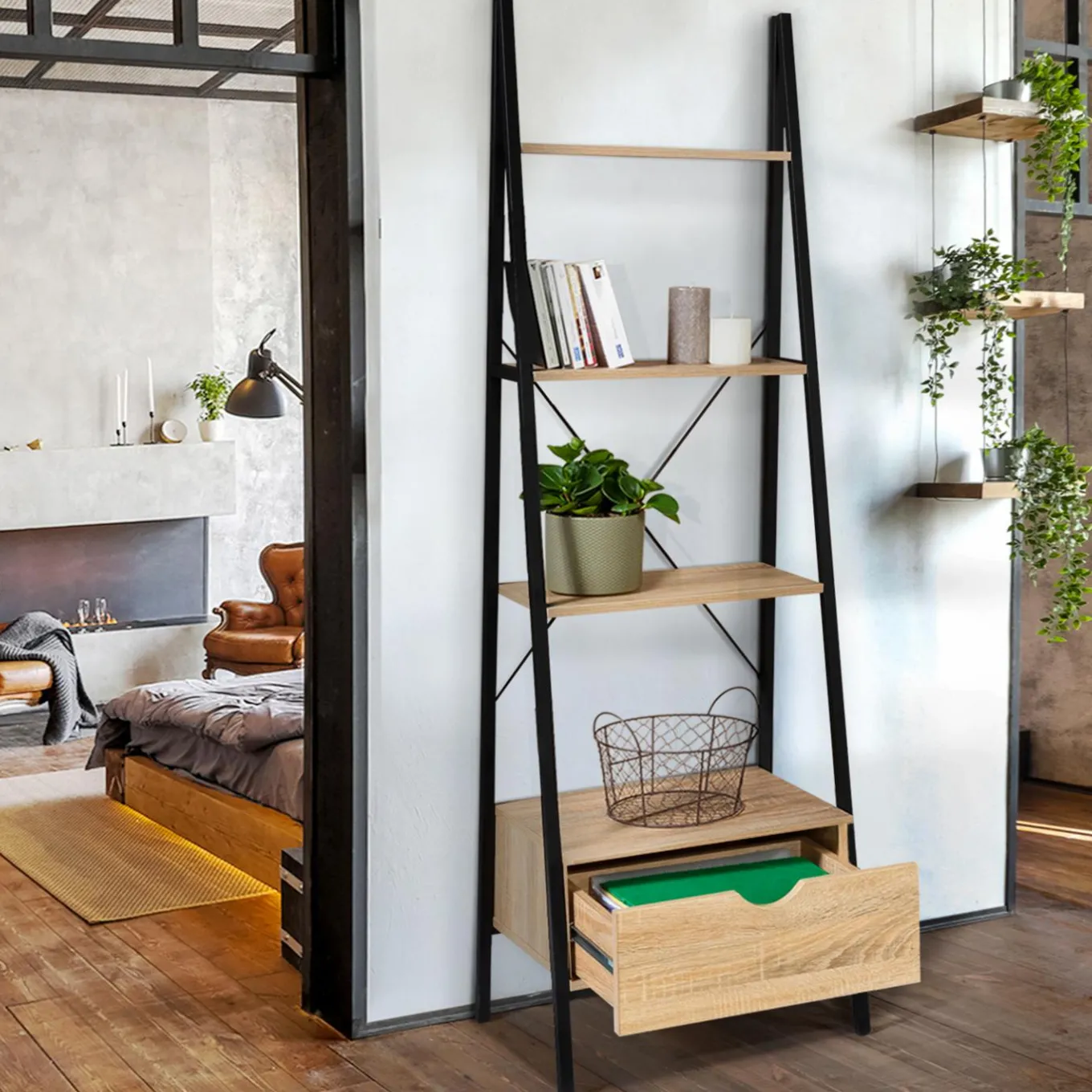 IDMarket Étagère échelle industrielle 4 niveaux avec tiroir* Meubles Tiroirs|Meubles Hauts
