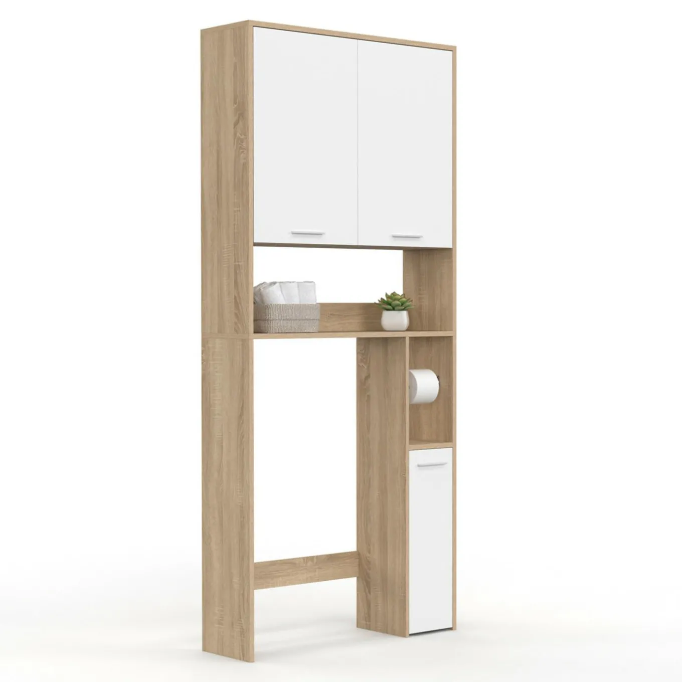 IDMarket Étagère dessus WC blanc et bois façon hêtre avec dévidoir à papier* Meubles Salle De Bain|Meubles Wc
