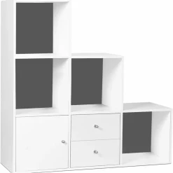 IDMarket Étagère escalier bois blanc fond gris 6 cases* Rangement Et Accessoires|Meubles Tiroirs