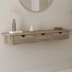 IDMarket Étagère murale console d'entrée bois façon hêtre 3 tiroirs* Décoration Et Accessoires|Petits Meubles