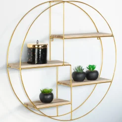 IDMarket Étagère murale métal doré et bois ronde* Décoration Et Accessoires|Collection Agencement Magasin