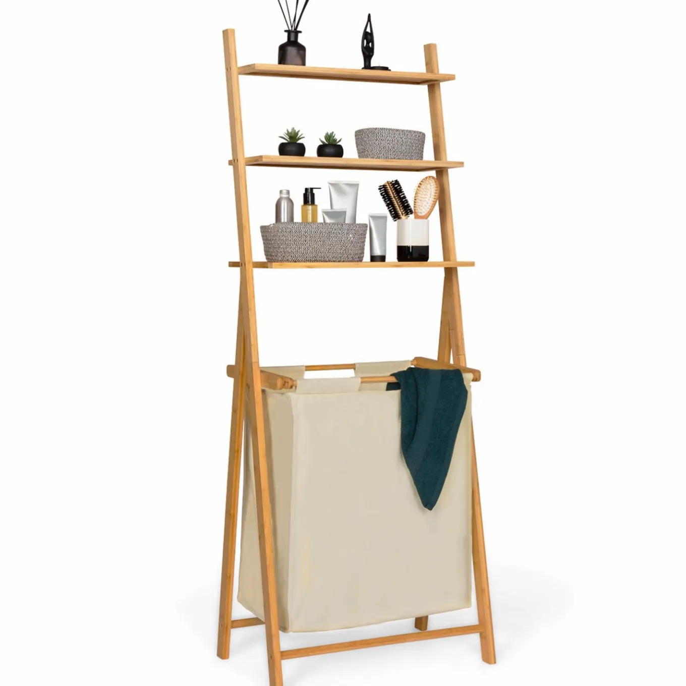 IDMarket Étagère panier à linge en bambou et tissu écru* Paniers À Linge|Accessoires Salle De Bain