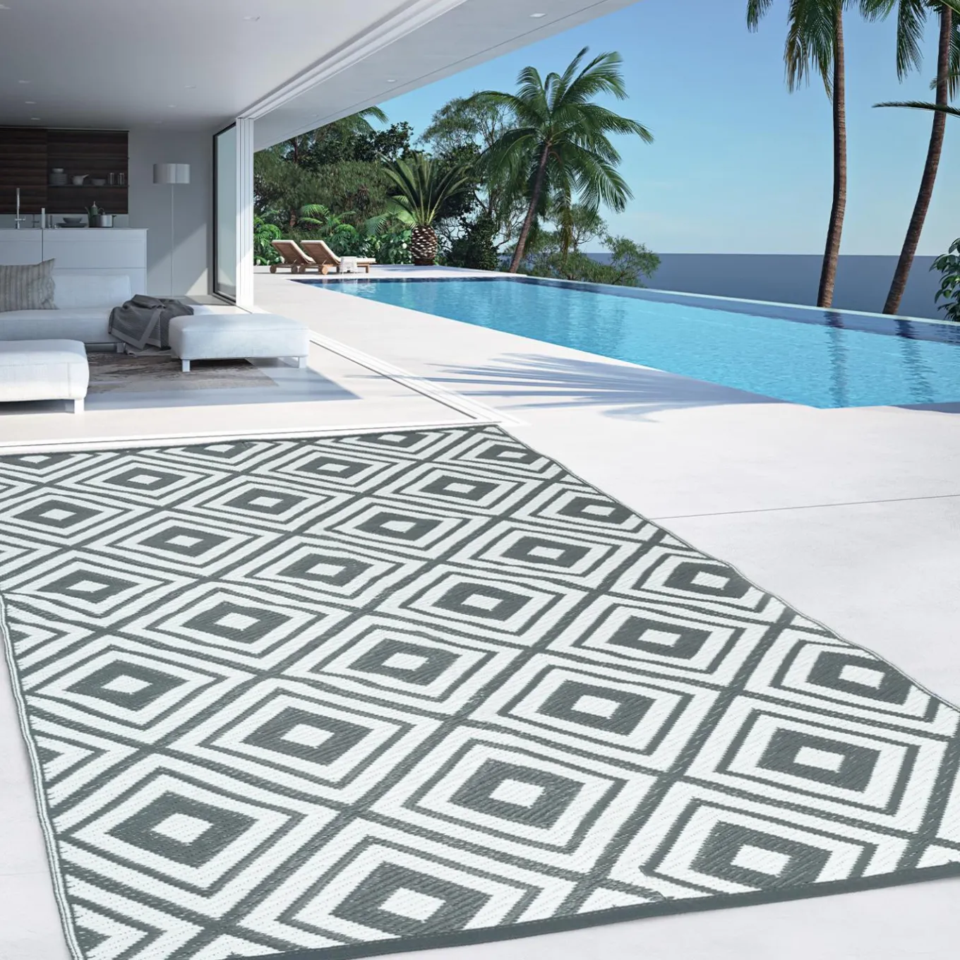 IDMarket Tapis extérieur jardin motifs géométriques gris et blanc 270 x 370 cm* Revêtement Sol Extérieur