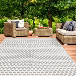 IDMarket Tapis extérieur terrasse motifs ronds beiges et blancs 180 x 280 cm* Revêtement Sol Extérieur